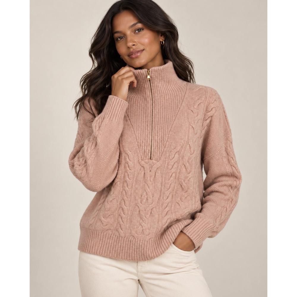 J. Crew Factory Dusty Rose Cable-Knit Half-Zip Turtleneck Sweater